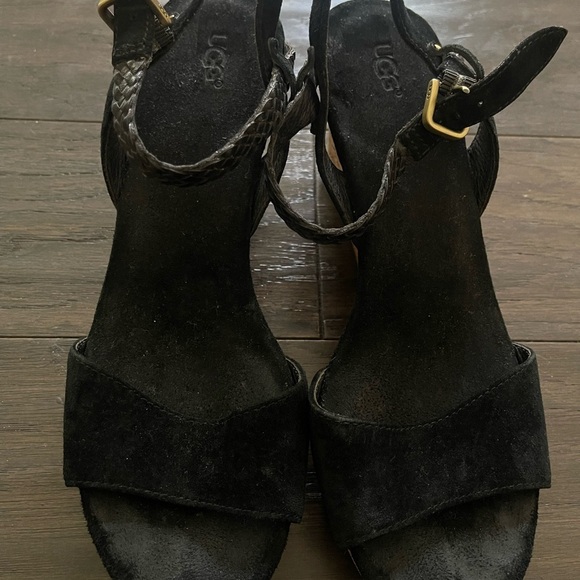 UGG Cork Wedge Braided Suede Bohemian Sandals D'Alessio Black 3" Heel Size 9 - Picture 3 of 5